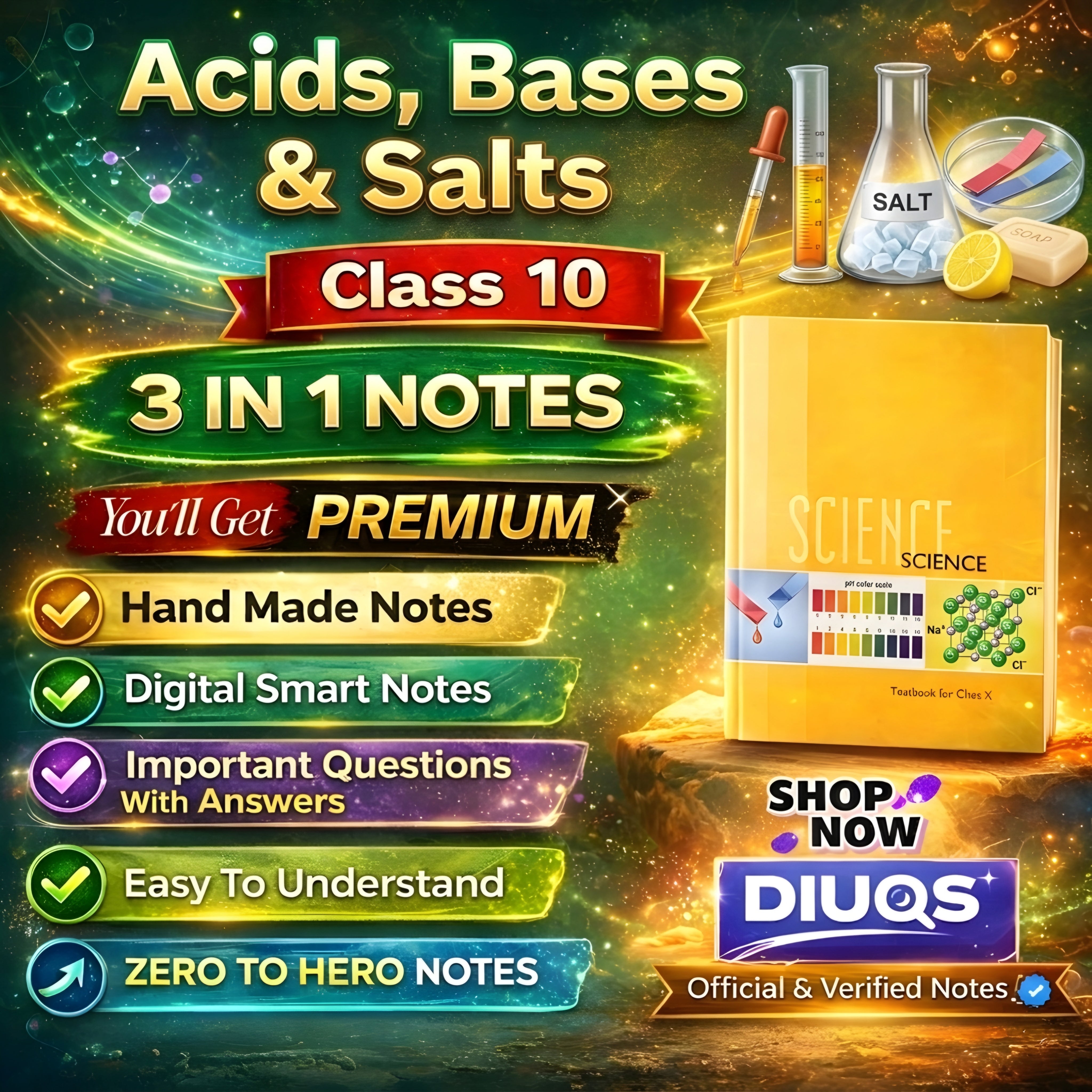 Premium Acids, Bases & Salts (3 IN 1 NOTES) Class 10th