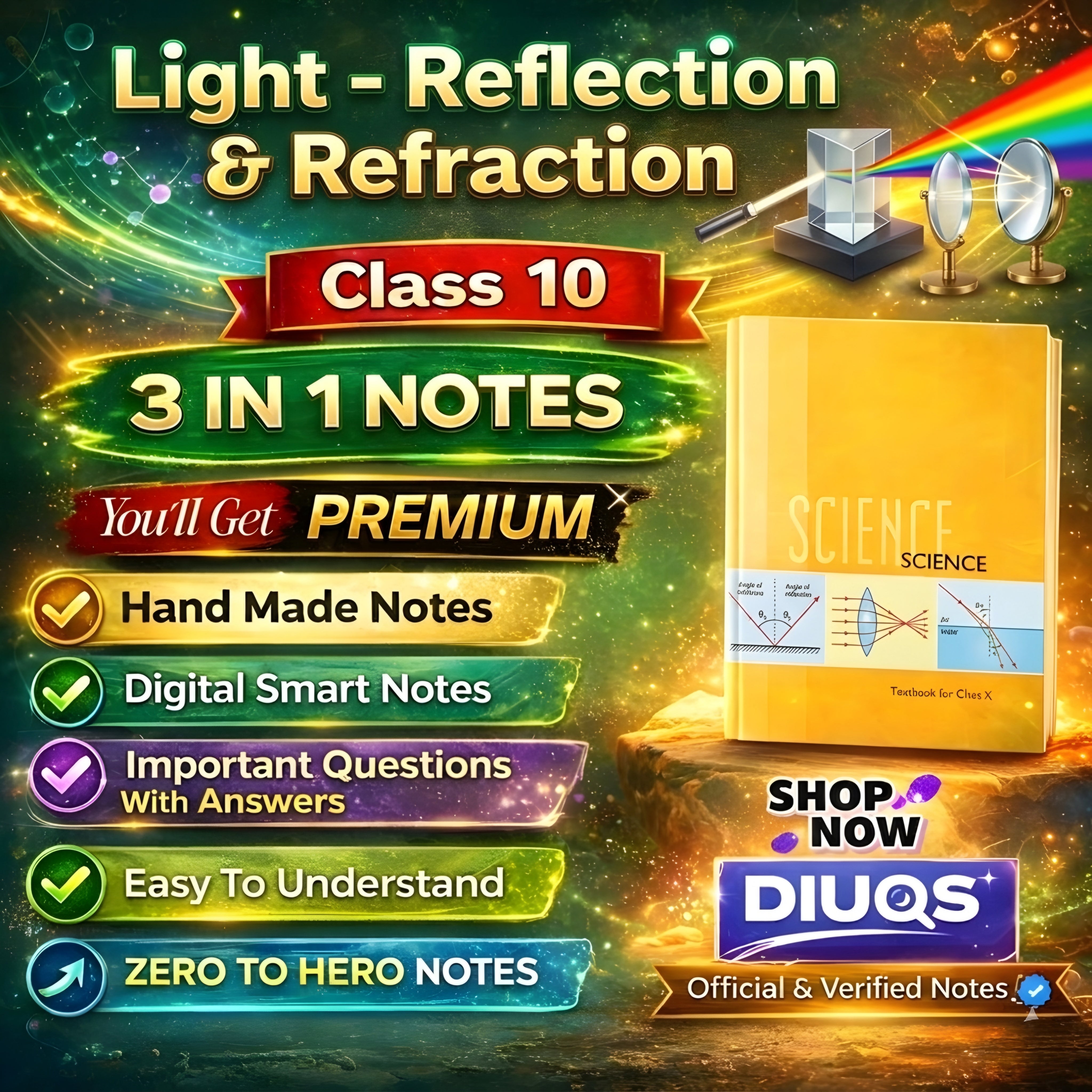 Premium Light – Reflection & Refraction (3 IN 1 NOTES) Class 10th